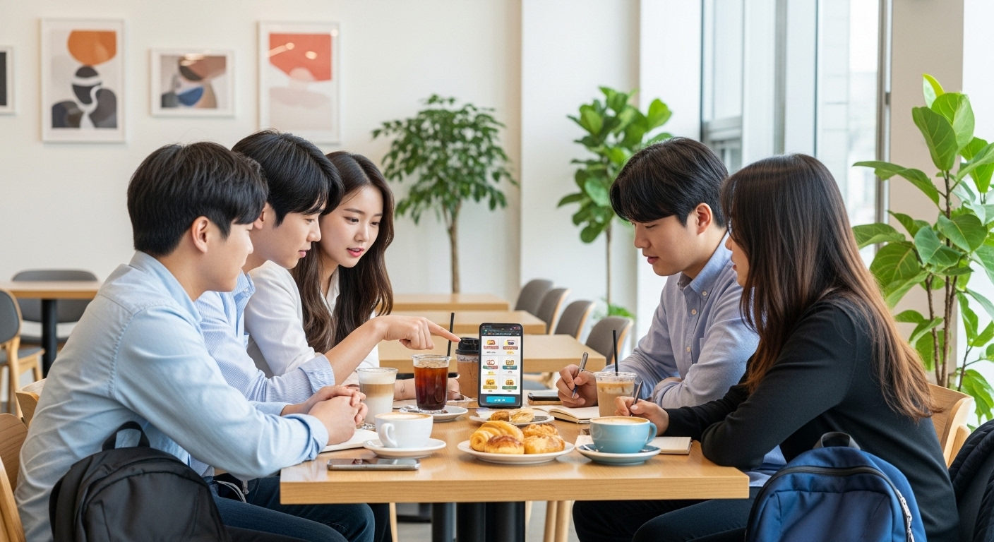 대학생들이 카페에서 초대장을 통해 게임 보상을 얻기 위한 전략을 공유하는 장면
