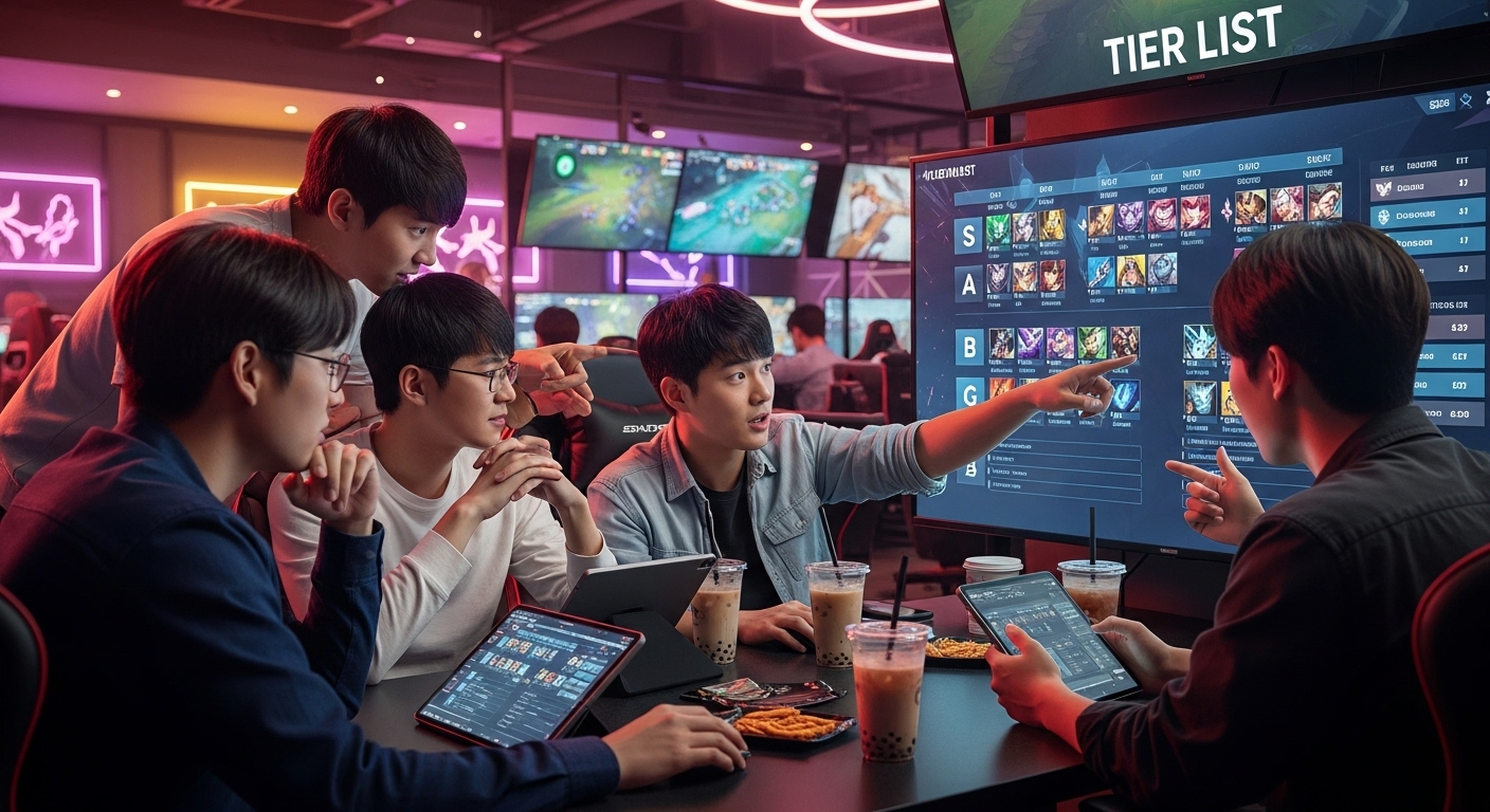 세련된 게임 카페에서 티어 리스트를 보며 전략을 논의하는 플레이어들