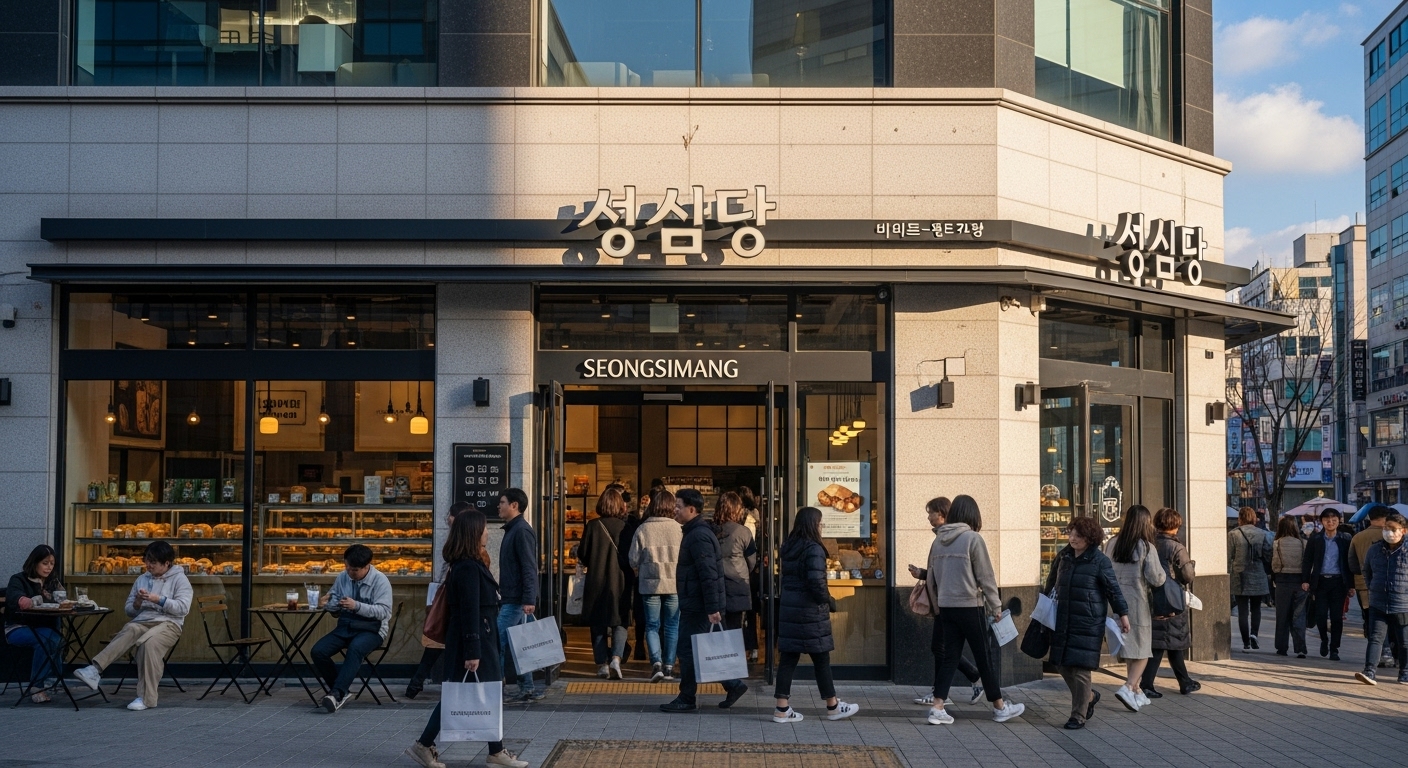 대전의 유명한 빵집 성심당 외부 전경과 사람들