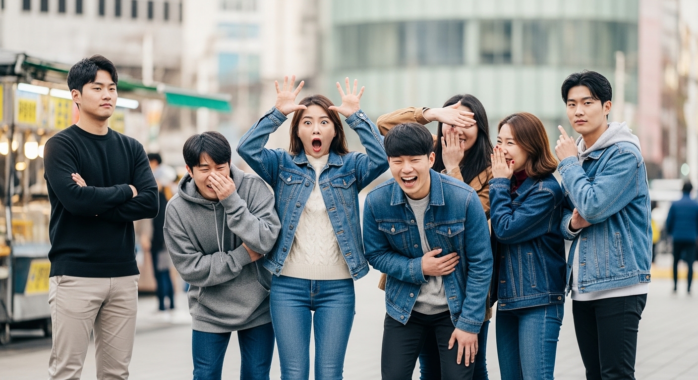 다양한 표정으로 과장된 행동을 보이는 젊은이들