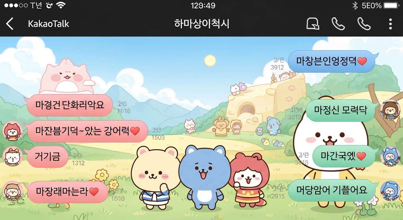 파스텔 톤의 말풍선과 귀여운 캐릭터로 꾸며진 카카오톡 화면