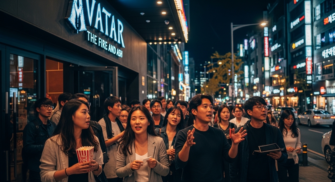 영화 '아바타 불과 재'를 보고 나온 관객들이 활기차게 대화하는 모습