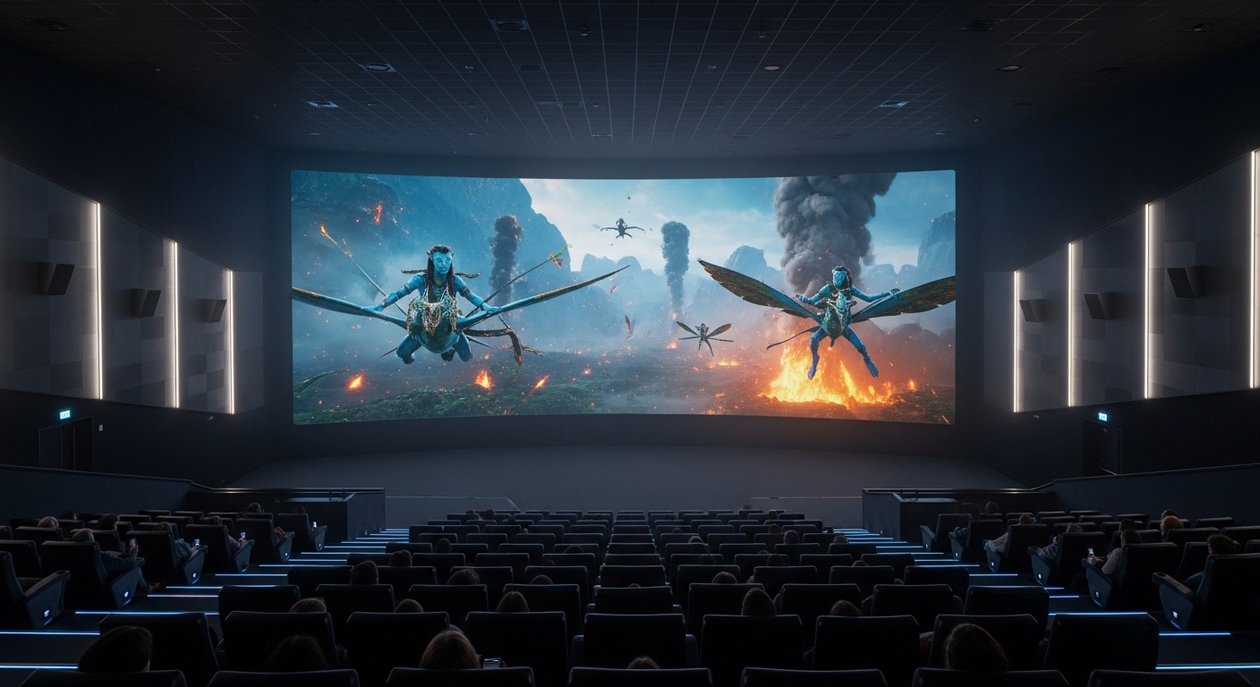 현대적인 IMAX 극장에서 영화 '아바타 불과 재'를 상영 중인 모습