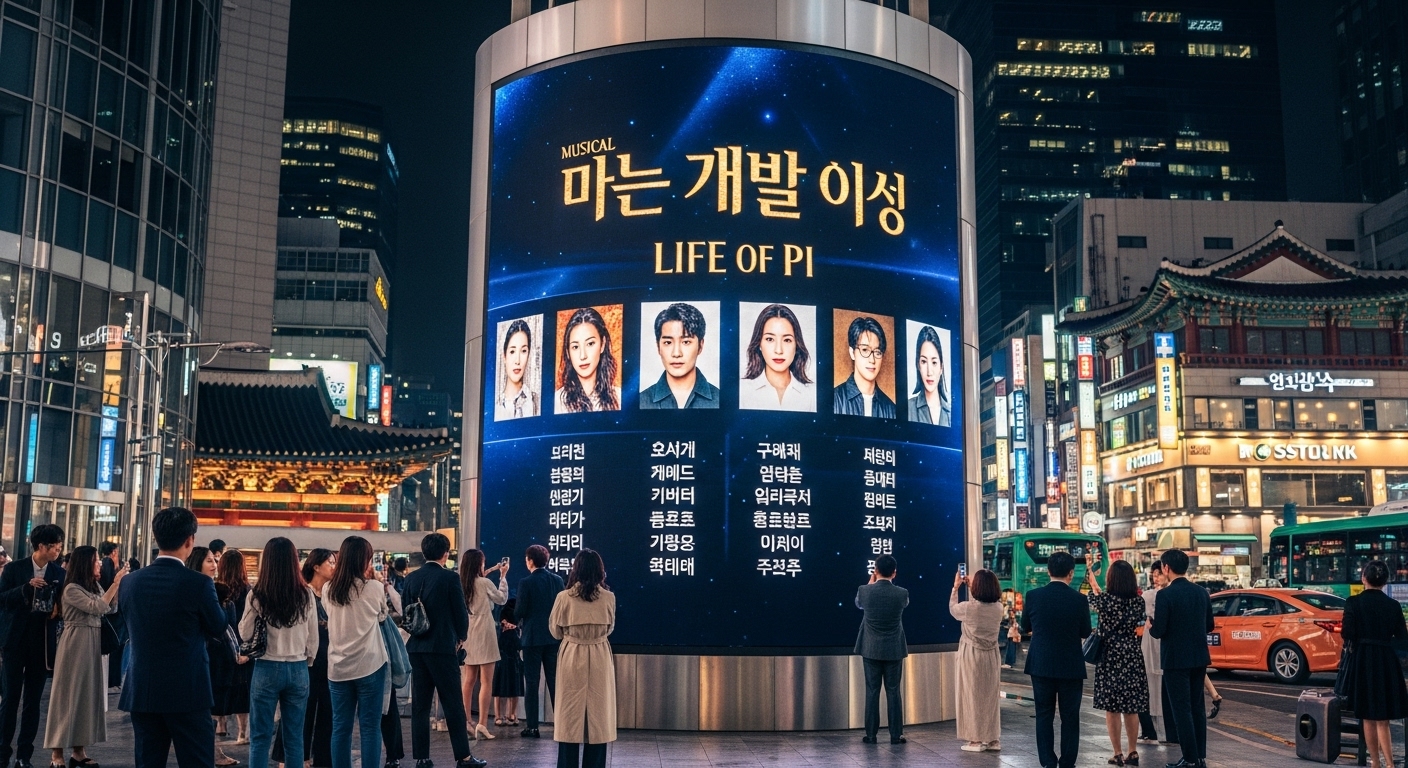 서울에서 라이프 오브 파이 뮤지컬 출연진 목록을 보여주는 극장 게시판