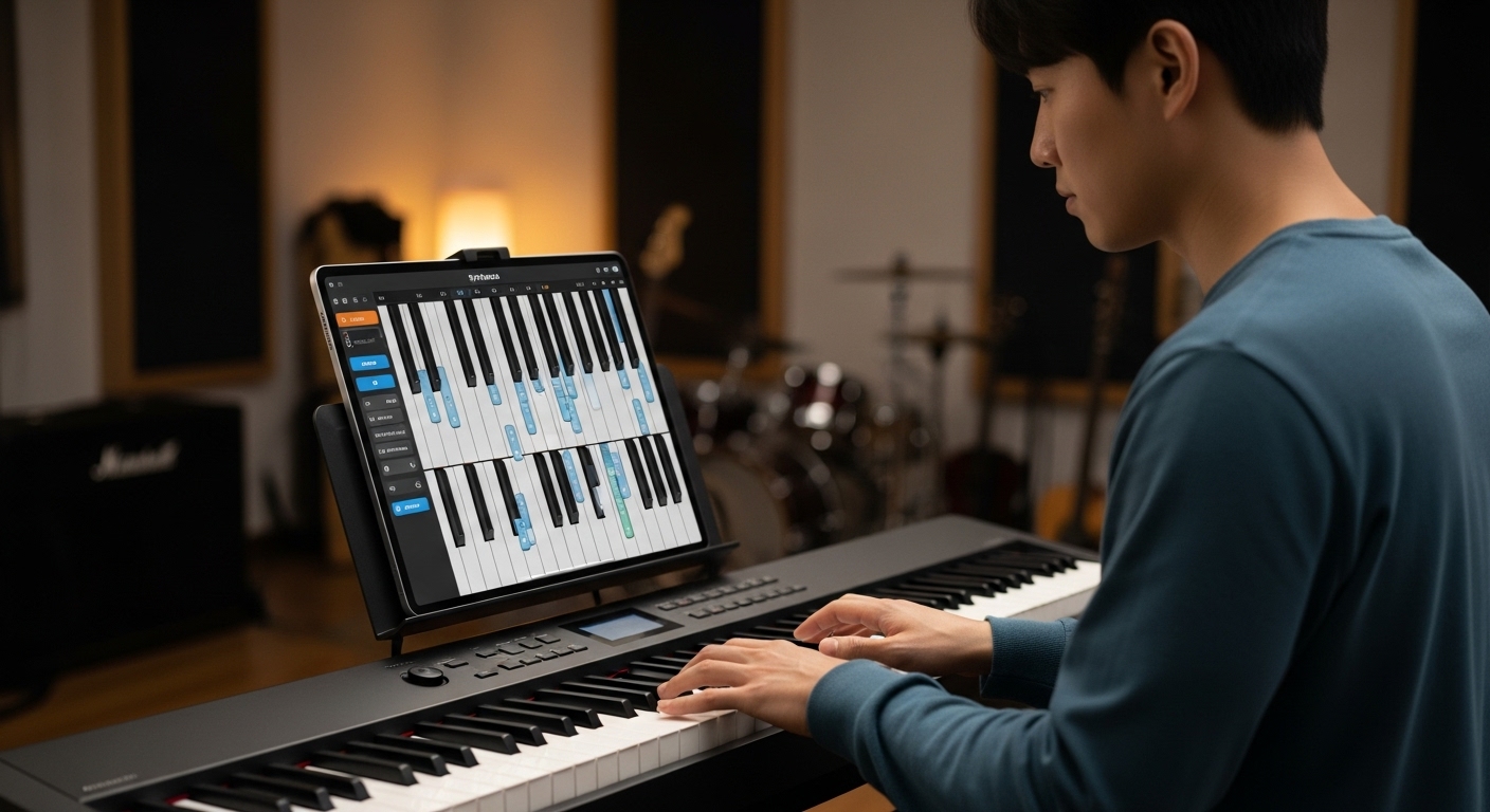 태블릿으로 Synthesia 소프트웨어를 사용하여 피아노 키 시각화하며 연습하는 음악가