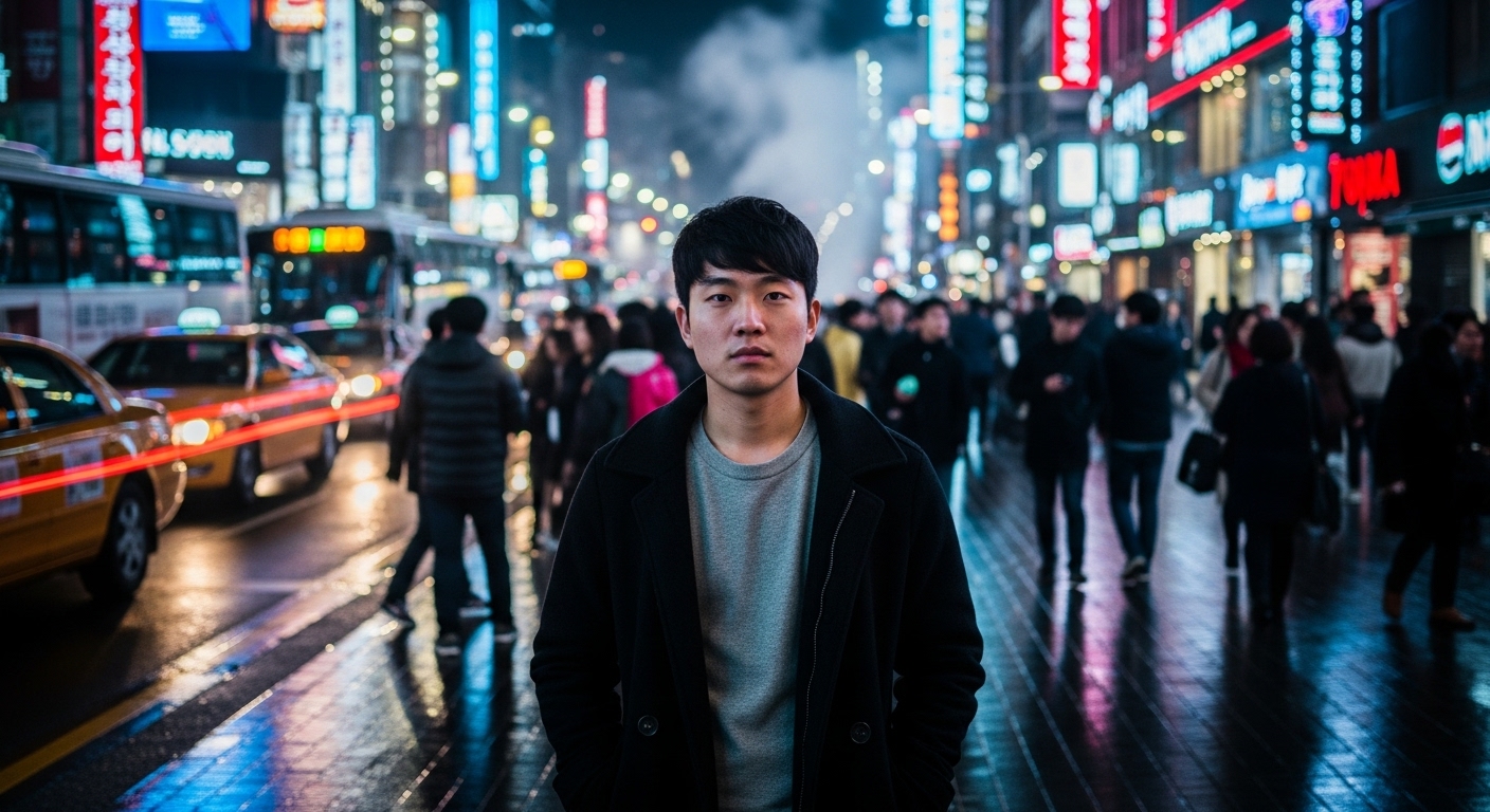 밤거리에 홀로 서 있는 젊은 남자의 고뇌에 찬 모습