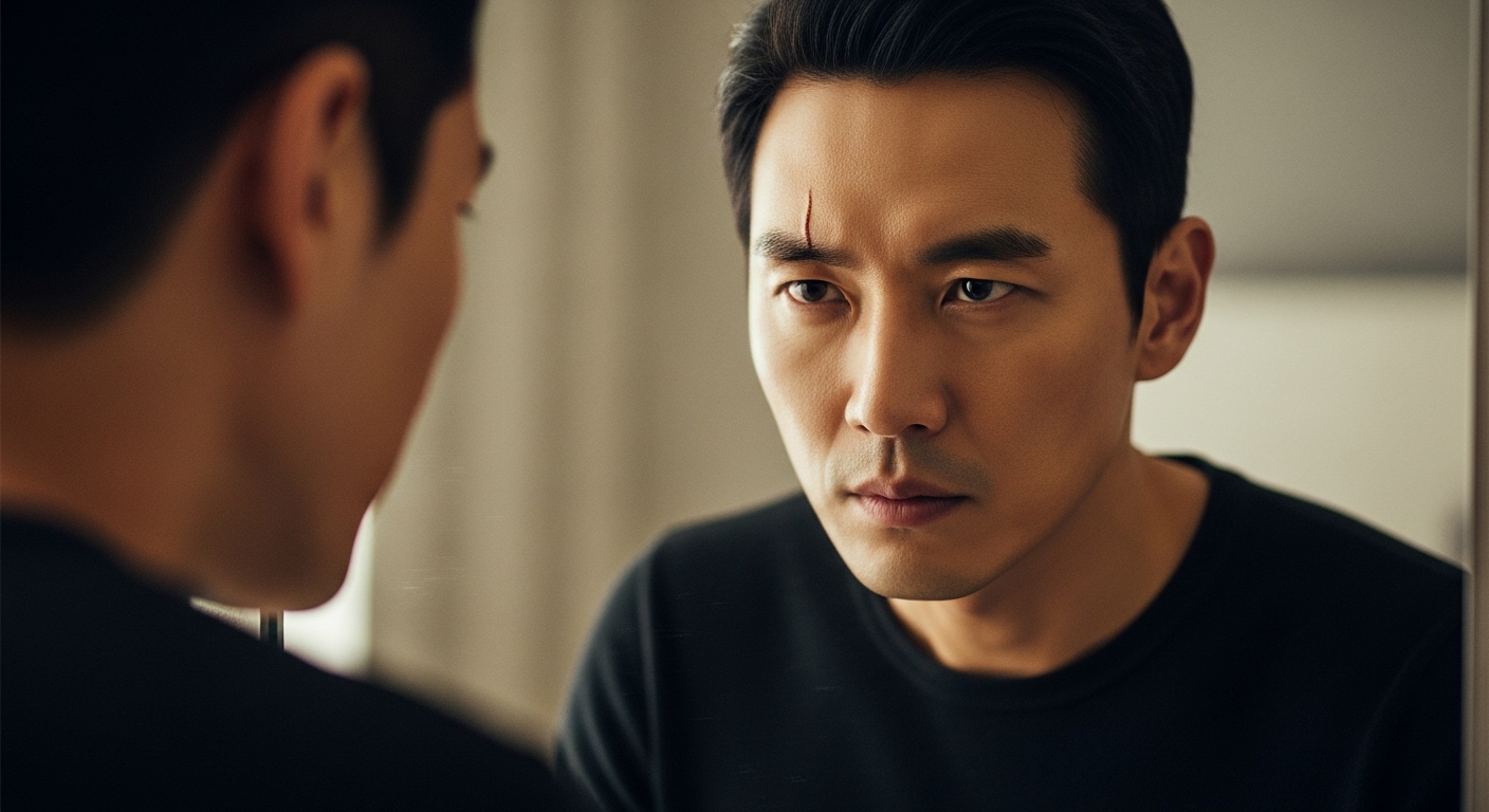 거울 속 자신을 바라보며 결의를 다지는 남자의 모습