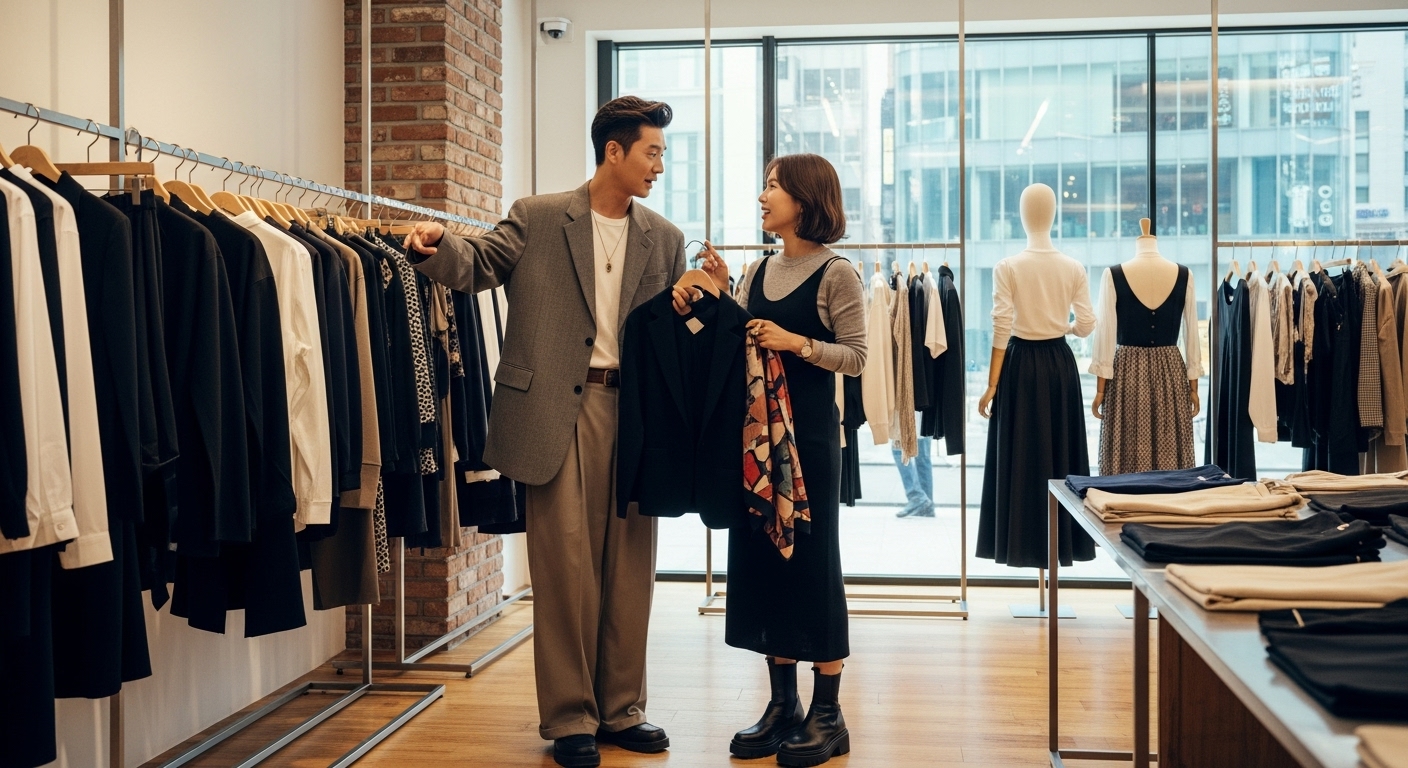 패션에 대한 관심으로 만난 커플이 트렌디한 부티크에서 대화하는 장면