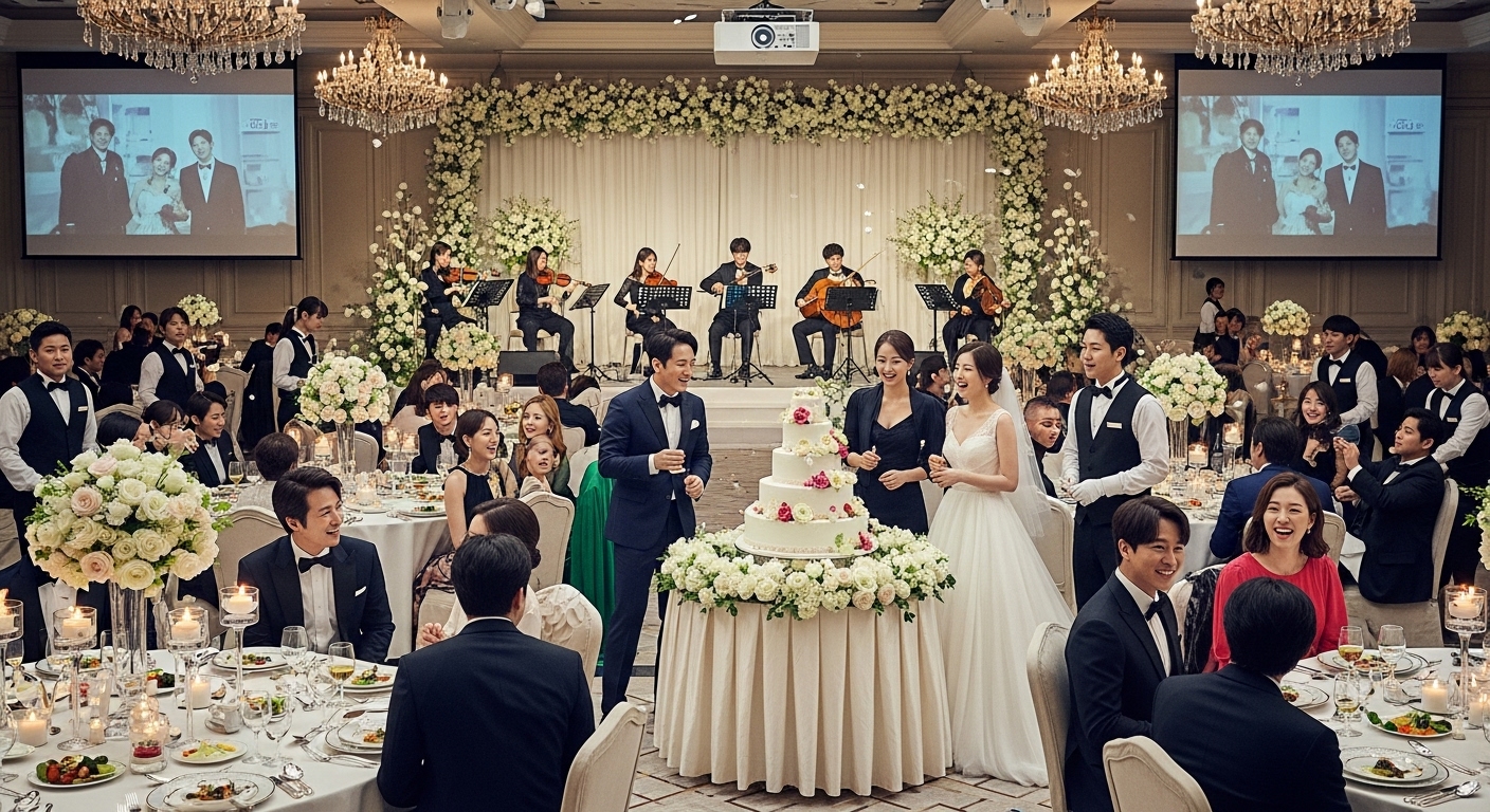 유명 연예인들이 참석한 스타들의 모임 같은 결혼식 분위기