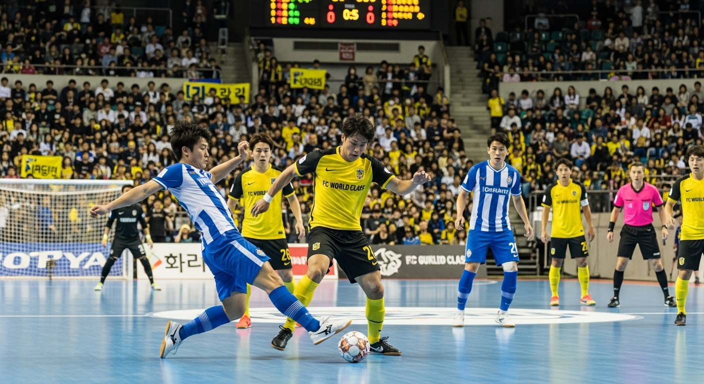 가득 찬 관중 속에서 FC국대패밀리와 FC월드클라쓰 팀 간의 긴장감 넘치는 풋살 경기