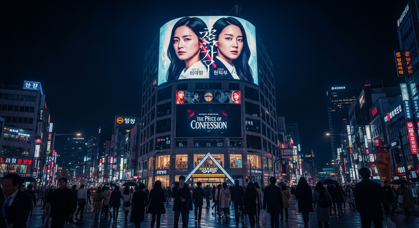 도시의 디지털 광고판에 드라마 포스터가 걸려 있는 장면