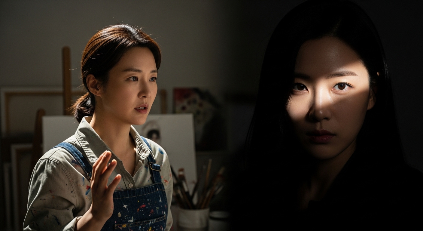 미술 교사와 정체불명의 여인이 긴장감 넘치는 분위기 속에서 마주하는 모습