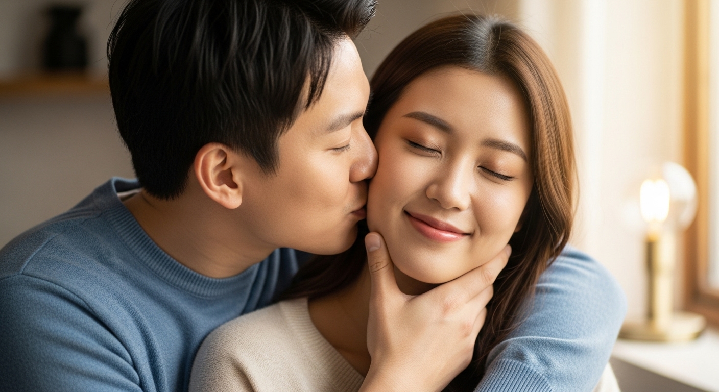 연인이 목을 피하고 안전하게 애정을 표현하는 모습