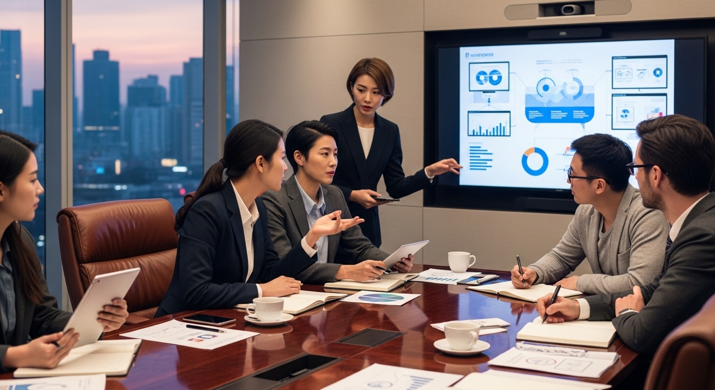 세련된 회의실에서 창조적 전문가들과 전략적 대화를 나누는 기업가