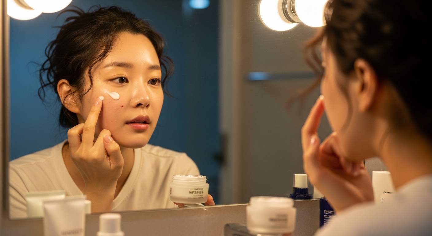 여성의 얼굴 특정 부위에 크림을 바르는 모습