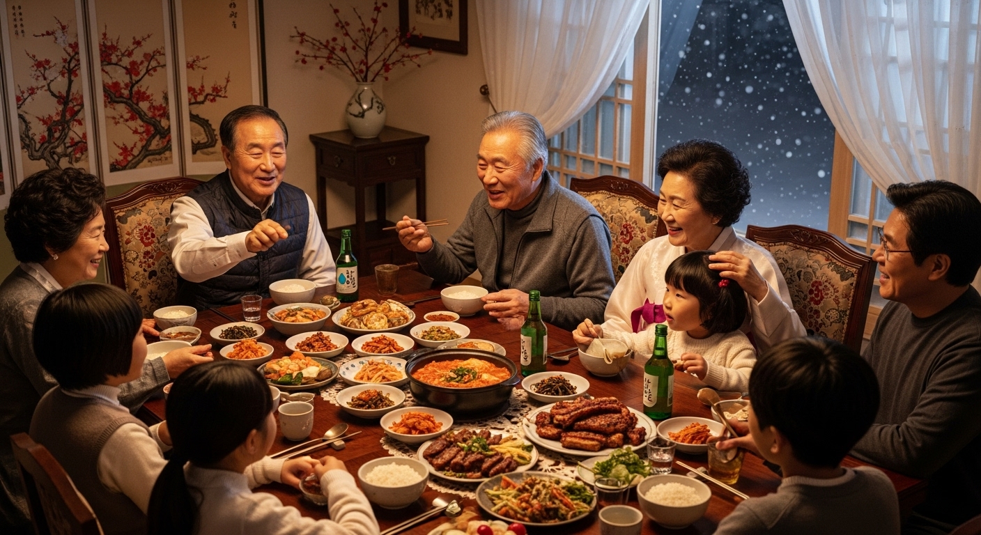 겨울 저녁에 한국 가족이 아늑한 집에서 모여 있는 모습