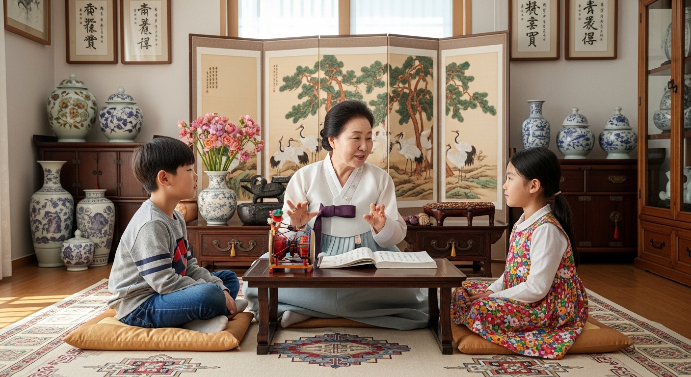 한국 할머니가 손자들에게 애동지의 의미를 설명하는 장면