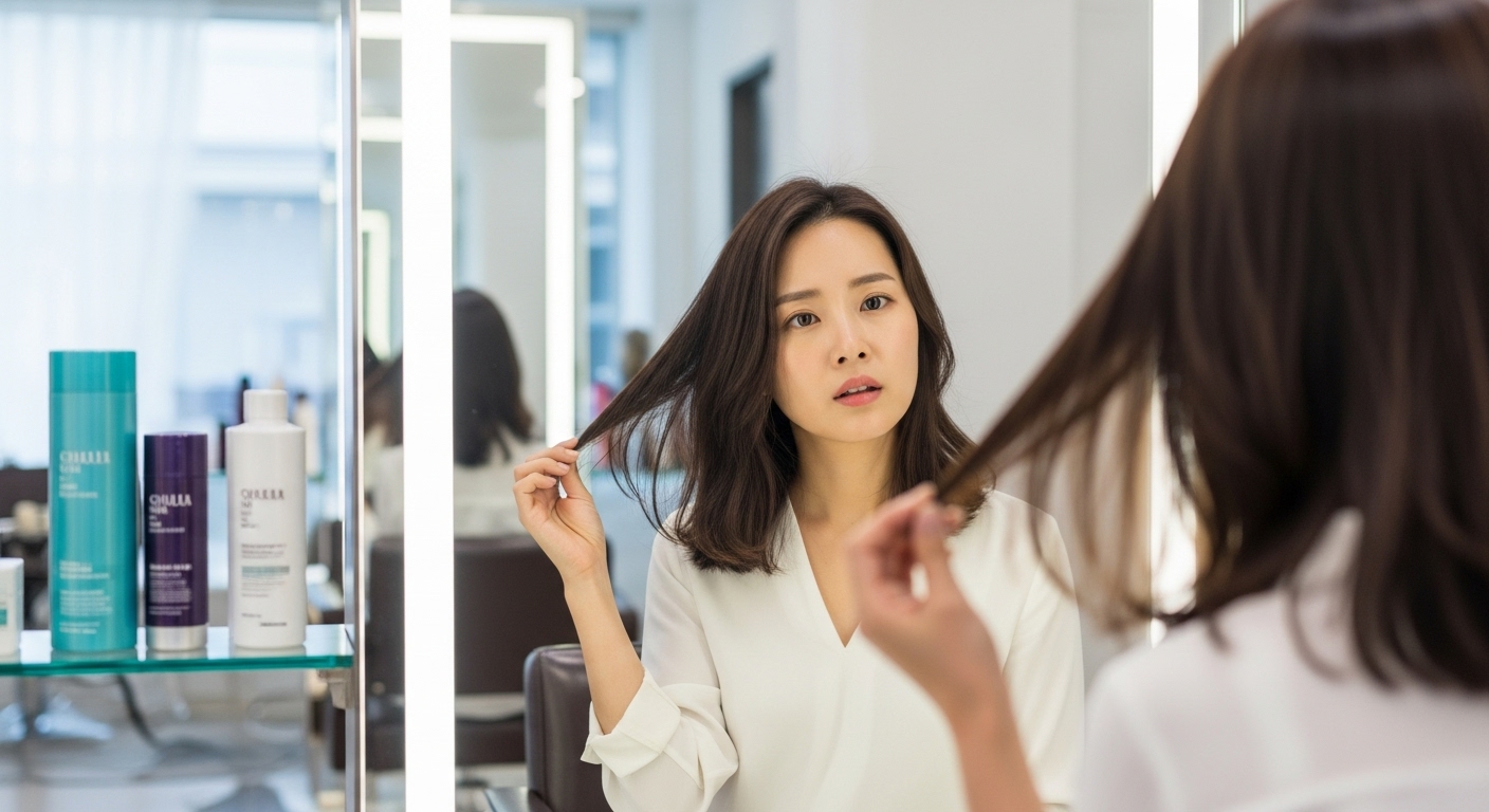 미용실에서 거울을 보며 손상된 머리카락을 확인하는 여성의 모습