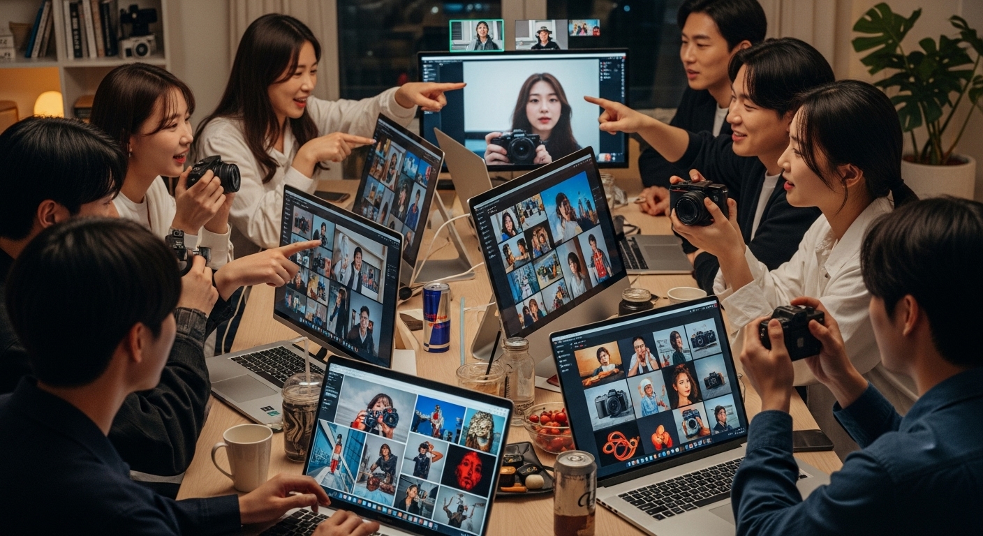 젊은 사람들이 온라인 카메라 커뮤니티에서 리코 GR3에 대해 토론하는 모습
