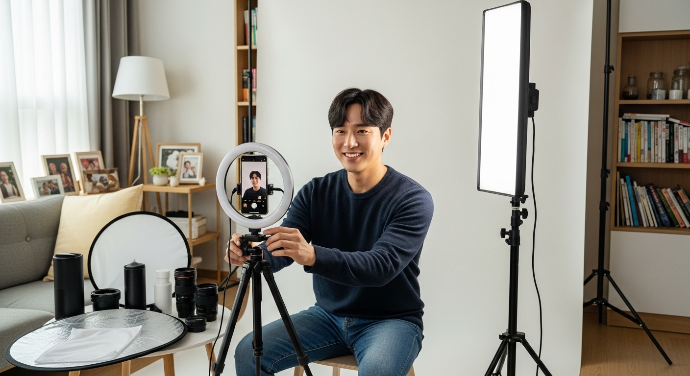 한국 남성이 거실에서 적절한 조명과 삼각대를 사용하여 즉석 사진 스튜디오를 세팅하는 모습