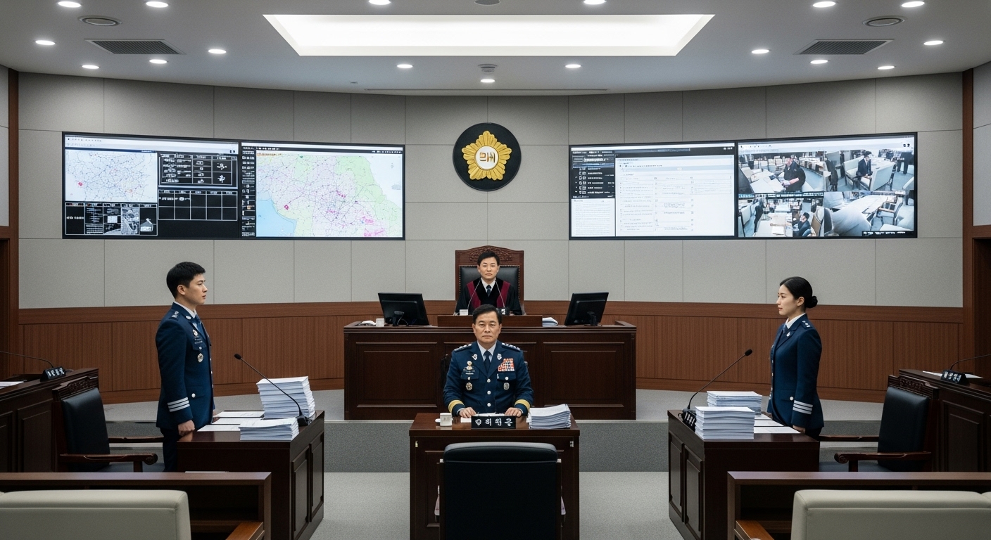 현대적인 한국 군 법정에서 판사와 변호사가 증거를 검토하는 모습