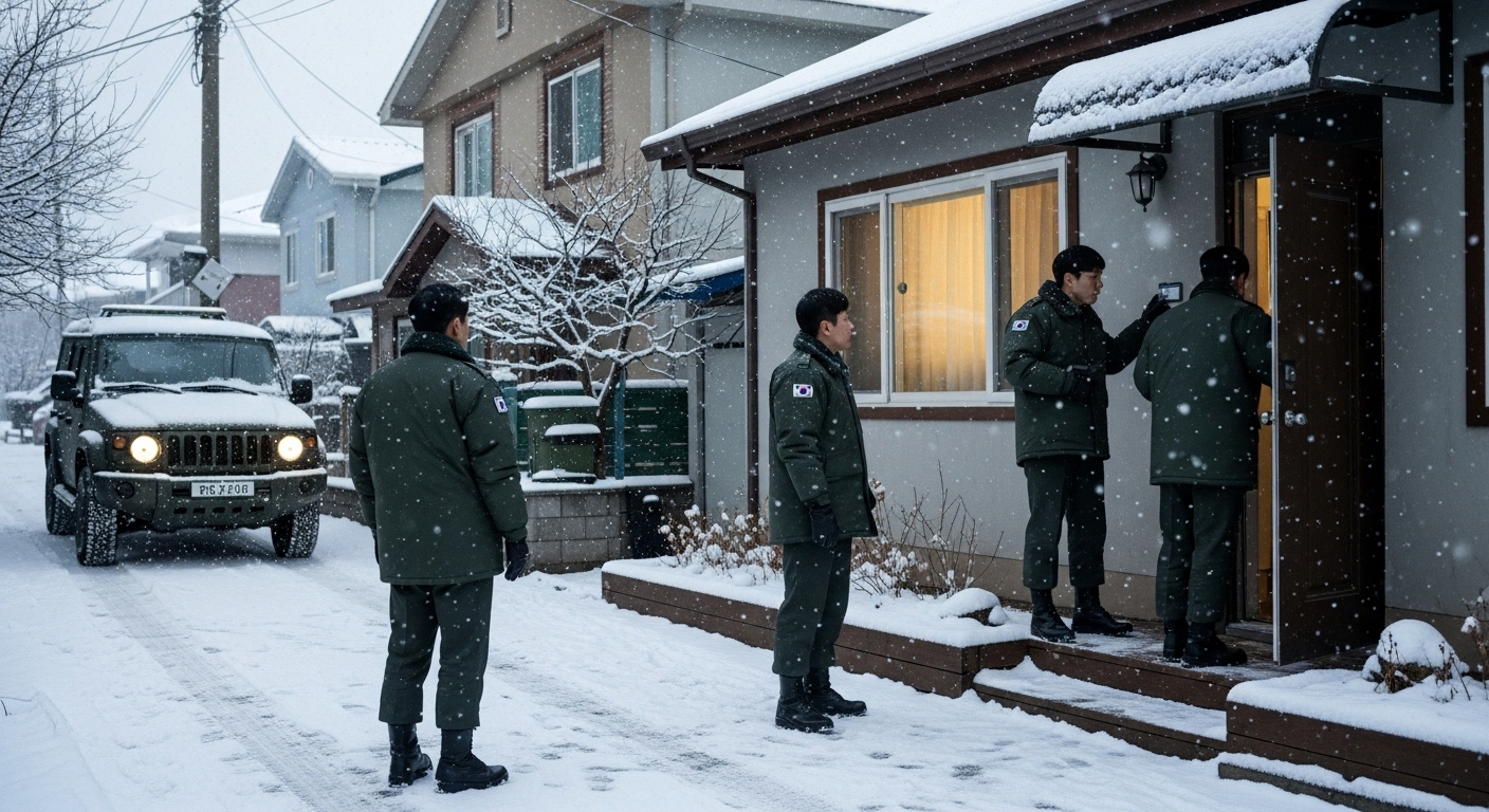 겨울철에 눈이 내리는 가운데 한국 군 수사관들이 한 주택에 진입하는 장면