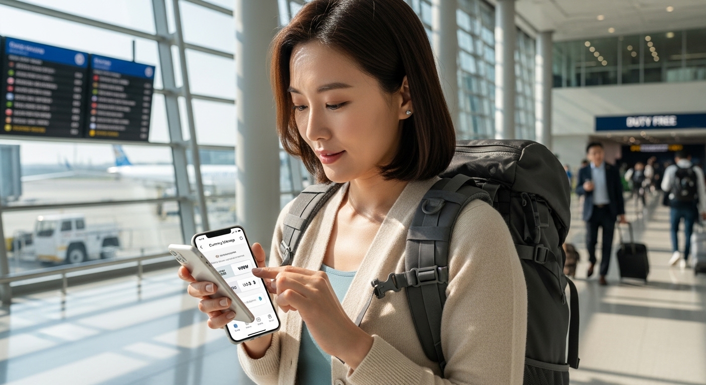 국제공항 터미널에서 모바일 앱으로 손쉽게 환전을 하는 여행객
