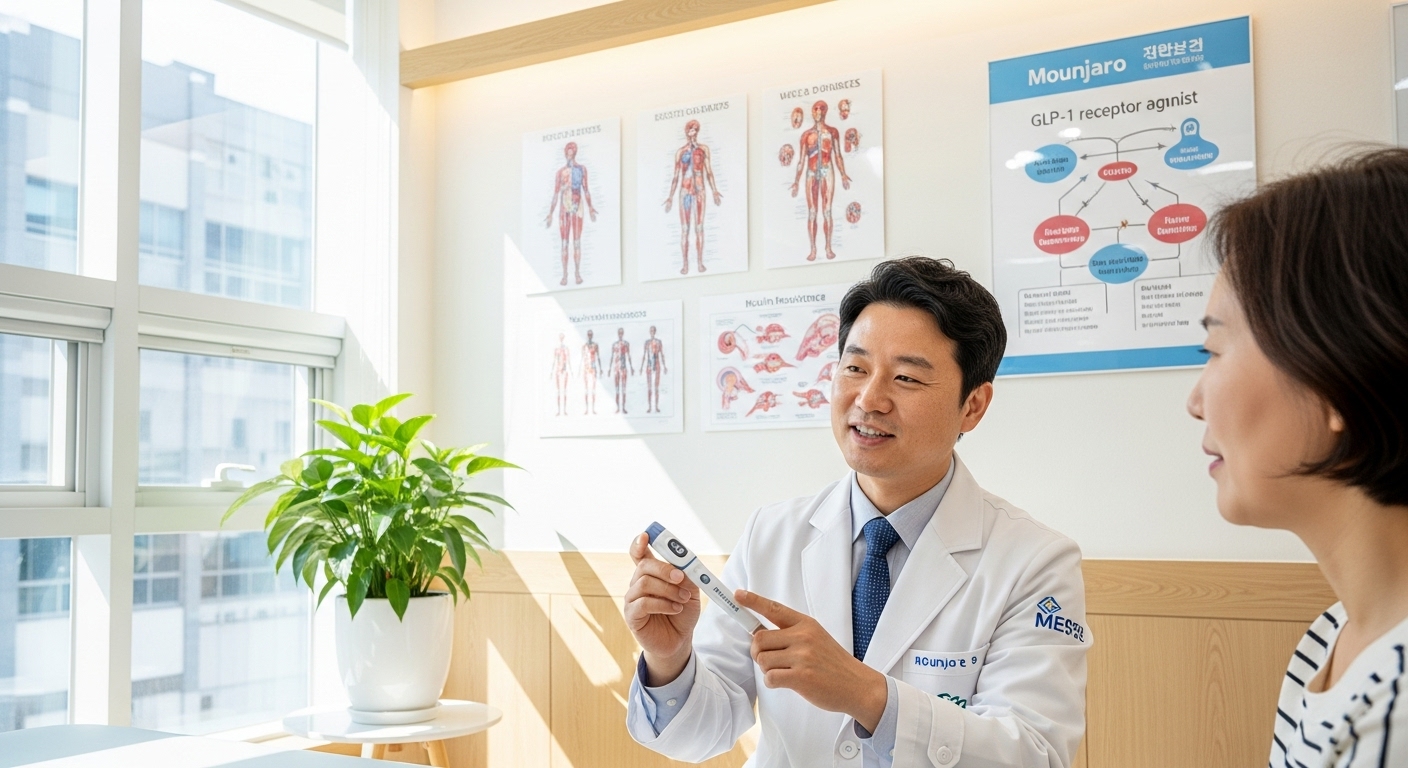 환자에게 주사형 펜을 설명하는 한국 의사의 모습