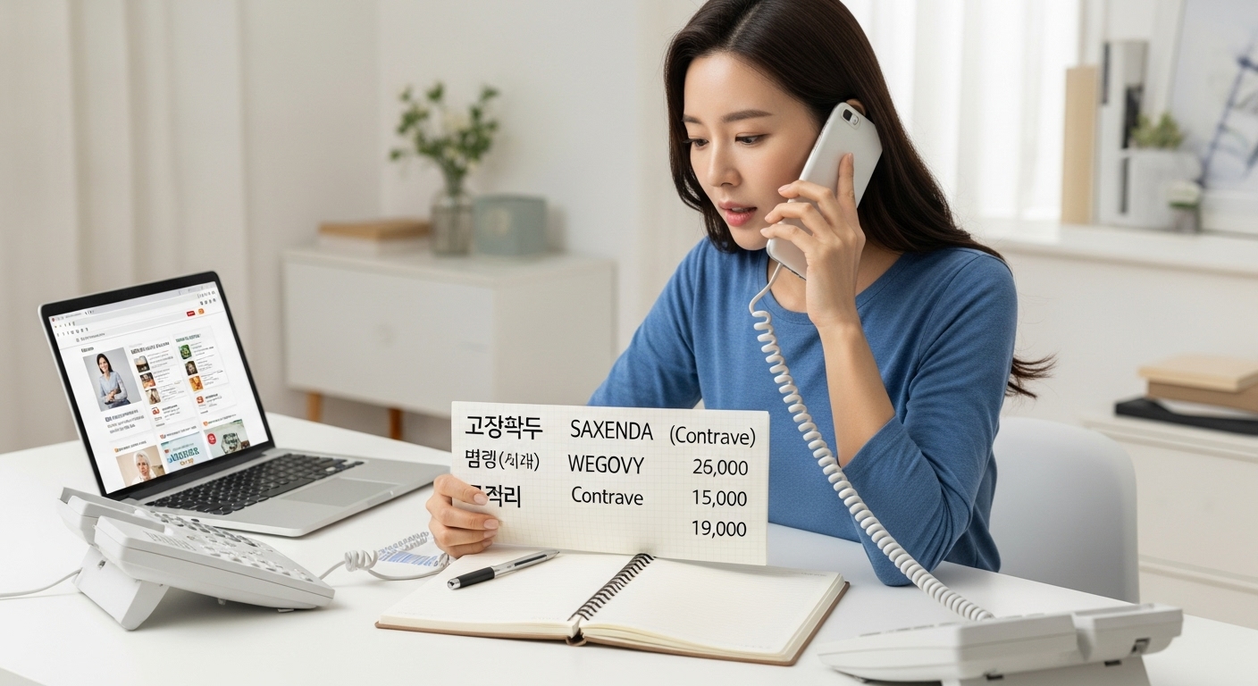 여러 약국에 전화로 가격을 문의하는 여성의 모습
