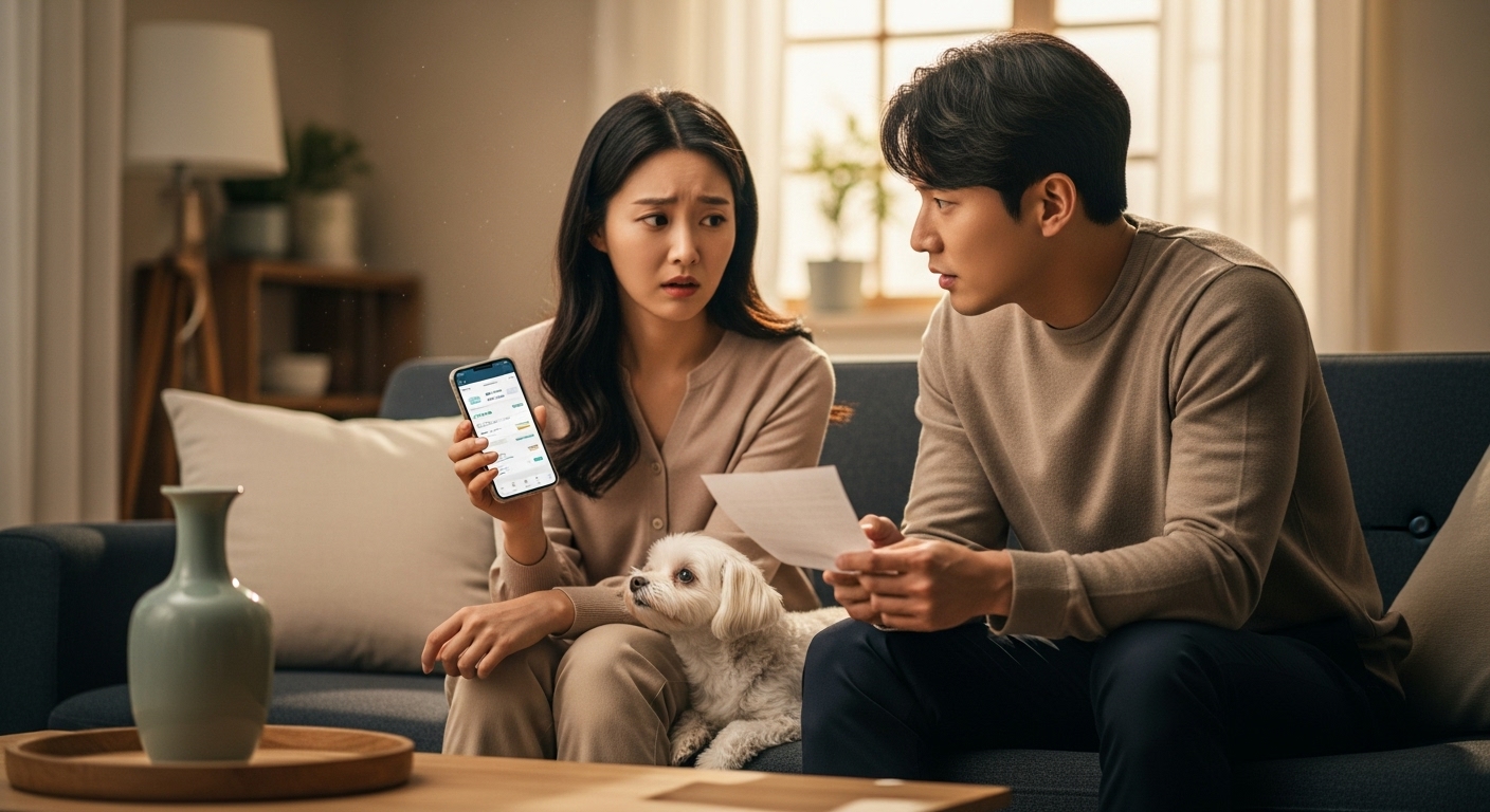 거실에서 펫보험 비용 증가에 대해 고민하는 한국인 부부와 그들의 반려견