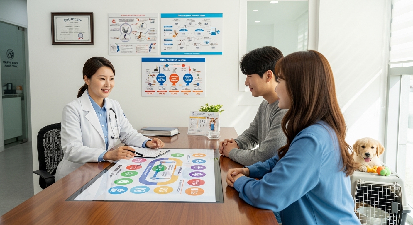동물 병원에서 수의사가 젊은 커플에게 펫보험 보장 내용을 설명하는 장면