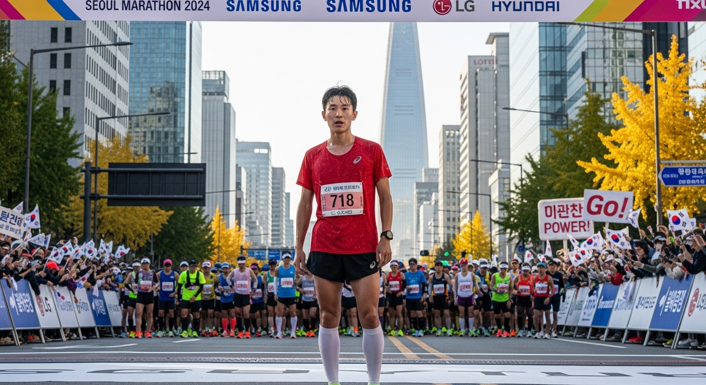 서울 시내 마라톤 출발선에서 서 있는 러너의 모습