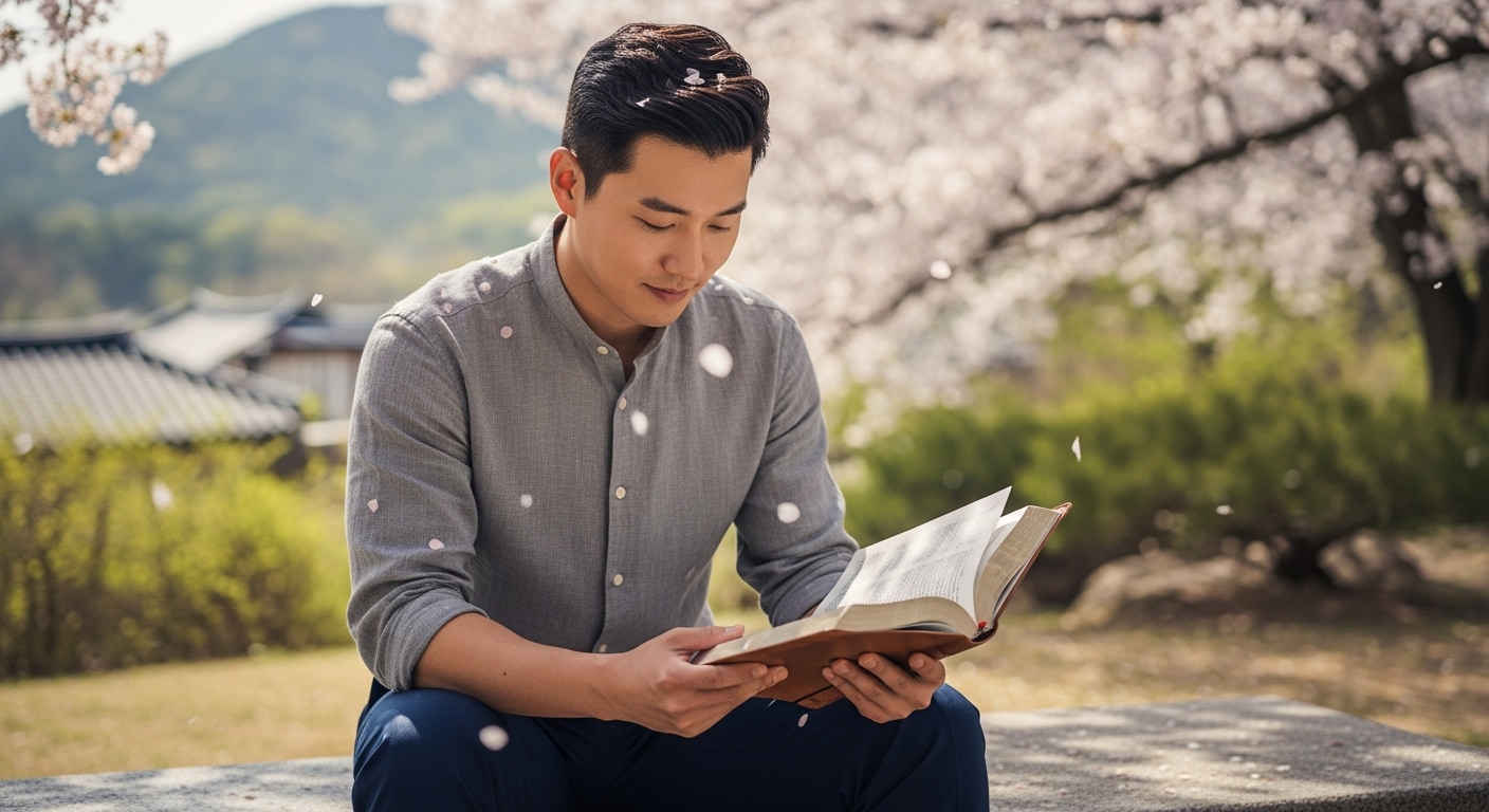 현대 한국 남성이 벚꽃 아래에서 성경을 읽으며 사색에 잠긴 모습