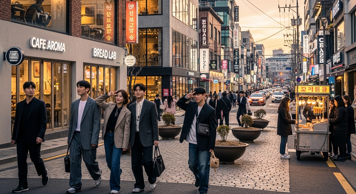 성수동 거리에서 패셔너블한 젊은이들이 활보하는 모습