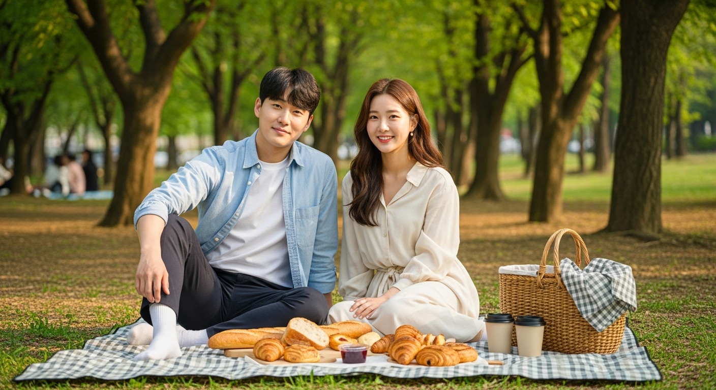서울숲에서 소금빵을 먹으며 피크닉을 즐기는 커플