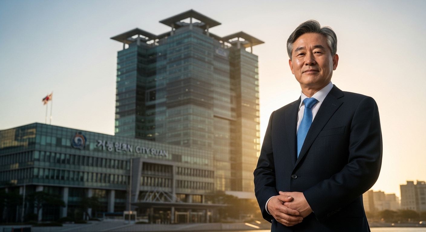 현대적인 부산 교통공사 건물 입구와 바쁜 거리 풍경
