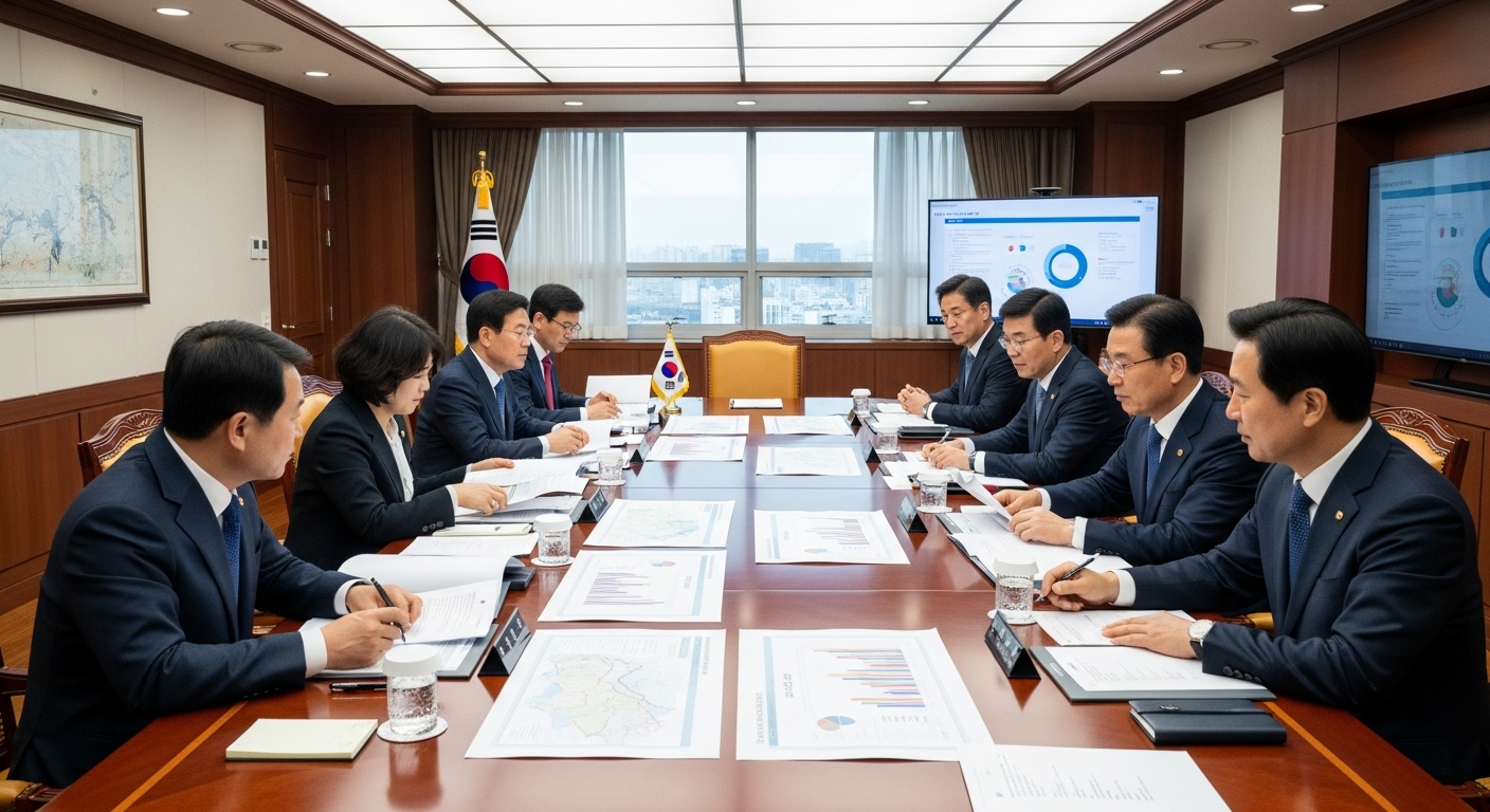 한국 관료들이 전략적 의사결정을 위해 회의실에서 문서를 검토하는 모습