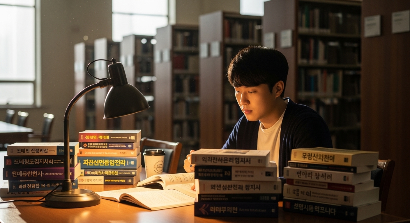 조용한 도서관에서 경제와 정치 관련 서적에 둘러싸인 고급 중국어 학습자