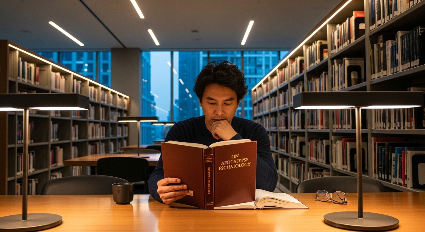 현대 도서관에서 철학 서적에 둘러싸여 아포칼립스의 의미를 깊이 고민하는 학자