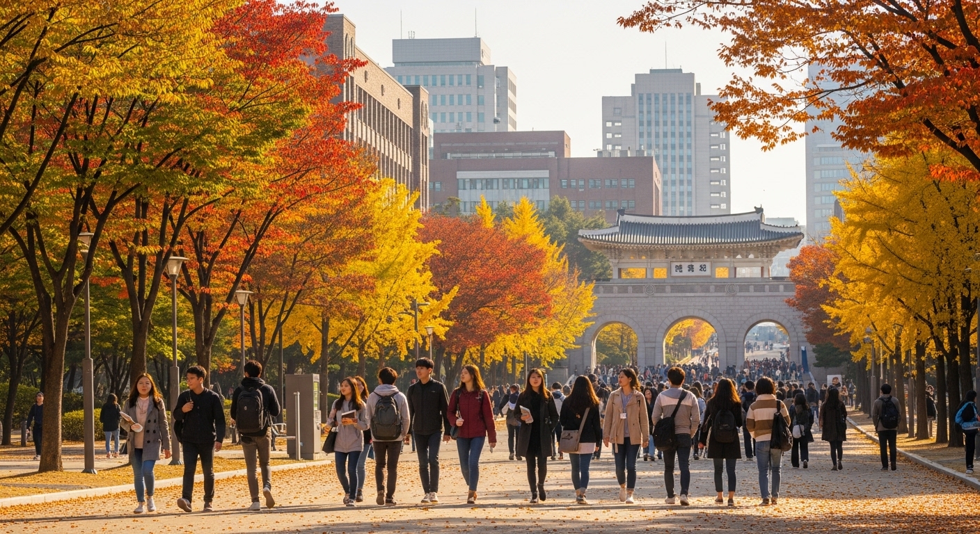 가을 풍경 속 서울대학교 캠퍼스와 학생들