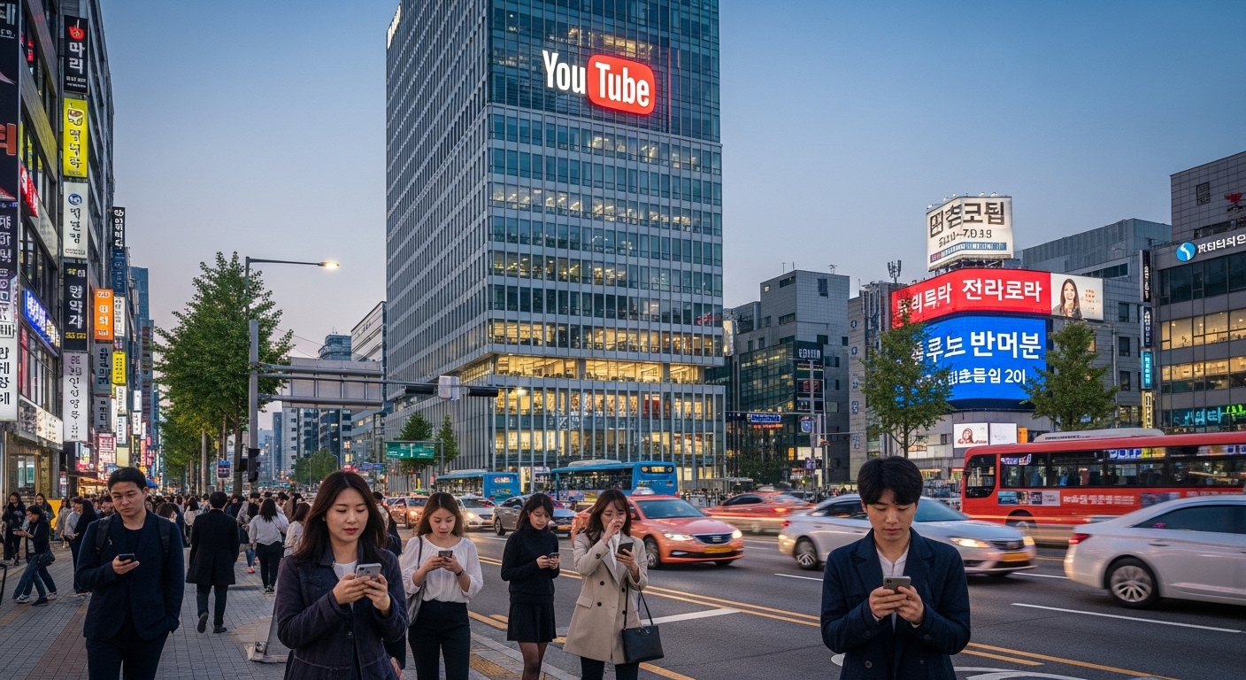 서울의 현대적인 사무실 건물에 유튜브 로고가 보이고 바쁜 거리 풍경과 스마트폰을 사용하는 사람들