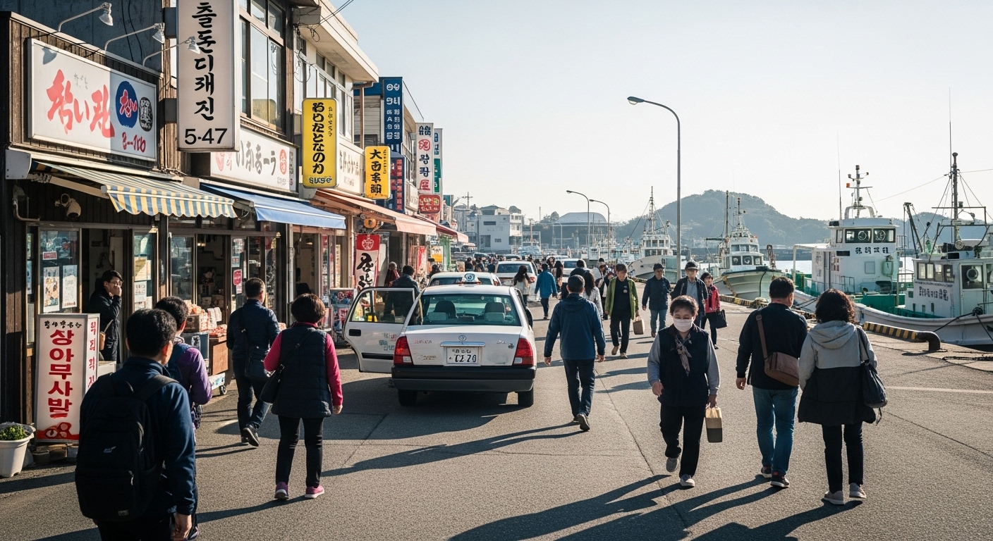 히타카츠항 주변을 걷거나 택시로 이동하는 관광객들 모습