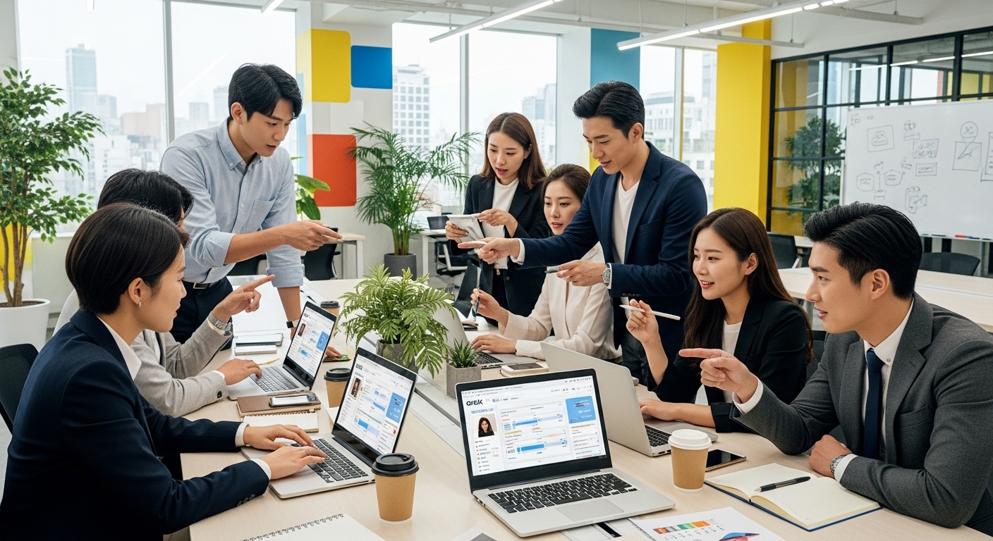 젊은 마케터들이 오피스에서 노트북으로 소셜 미디어 콘텐츠 작업 중인 장면