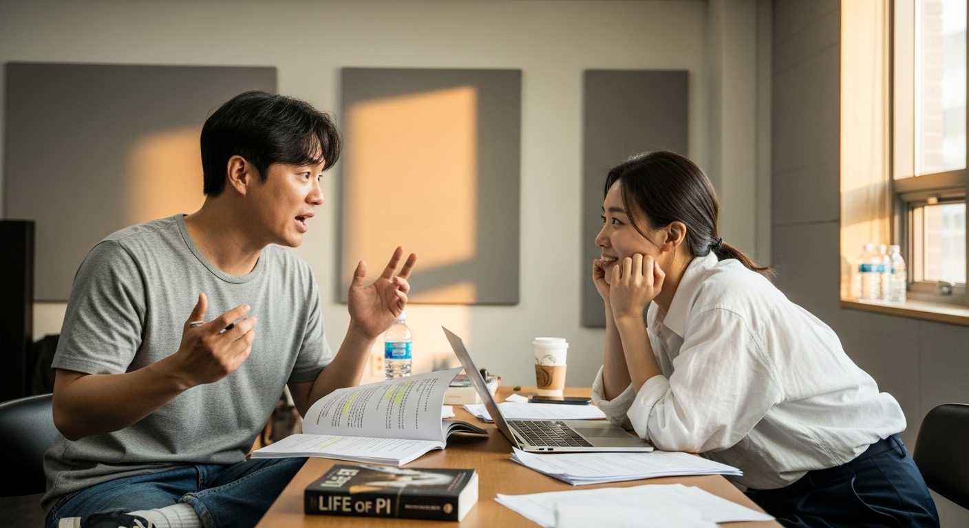 두 배우가 리허설 중 대본을 검토하며 대화하는 장면