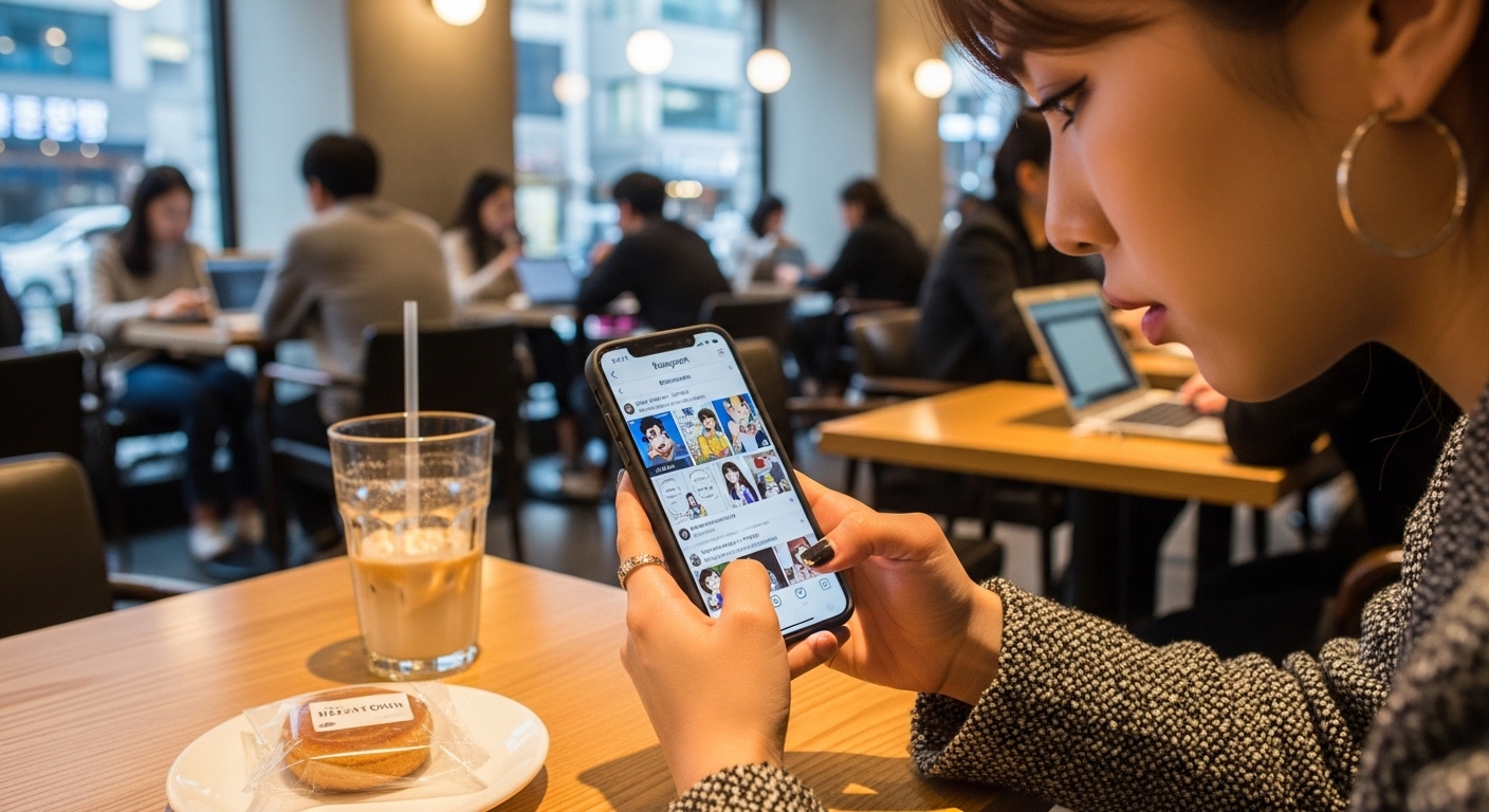 서울 카페에서 스마트폰으로 인기 있는 웹툰을 보고 있는 한국 소셜미디어 인플루언서