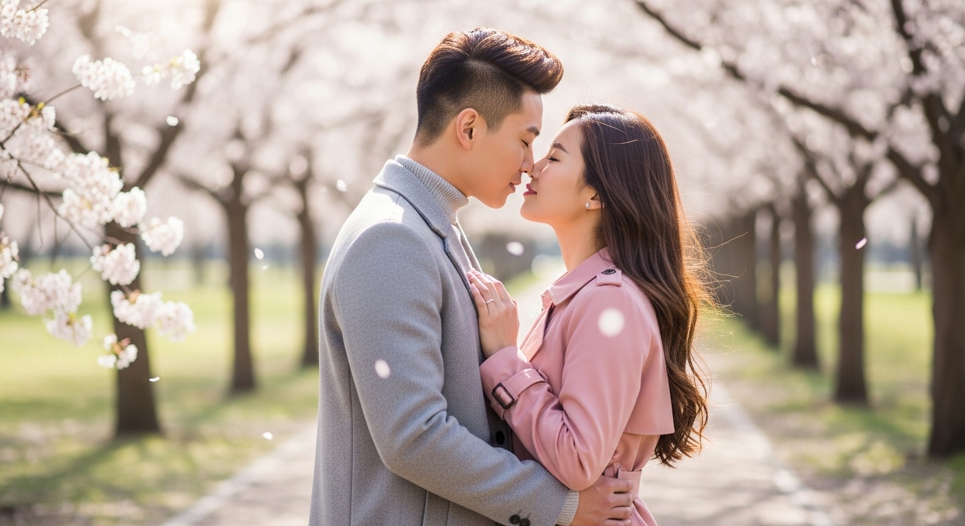 현대적인 한국 커플이 벚꽃이 핀 공원에서 부드럽게 키스를 나누는 모습