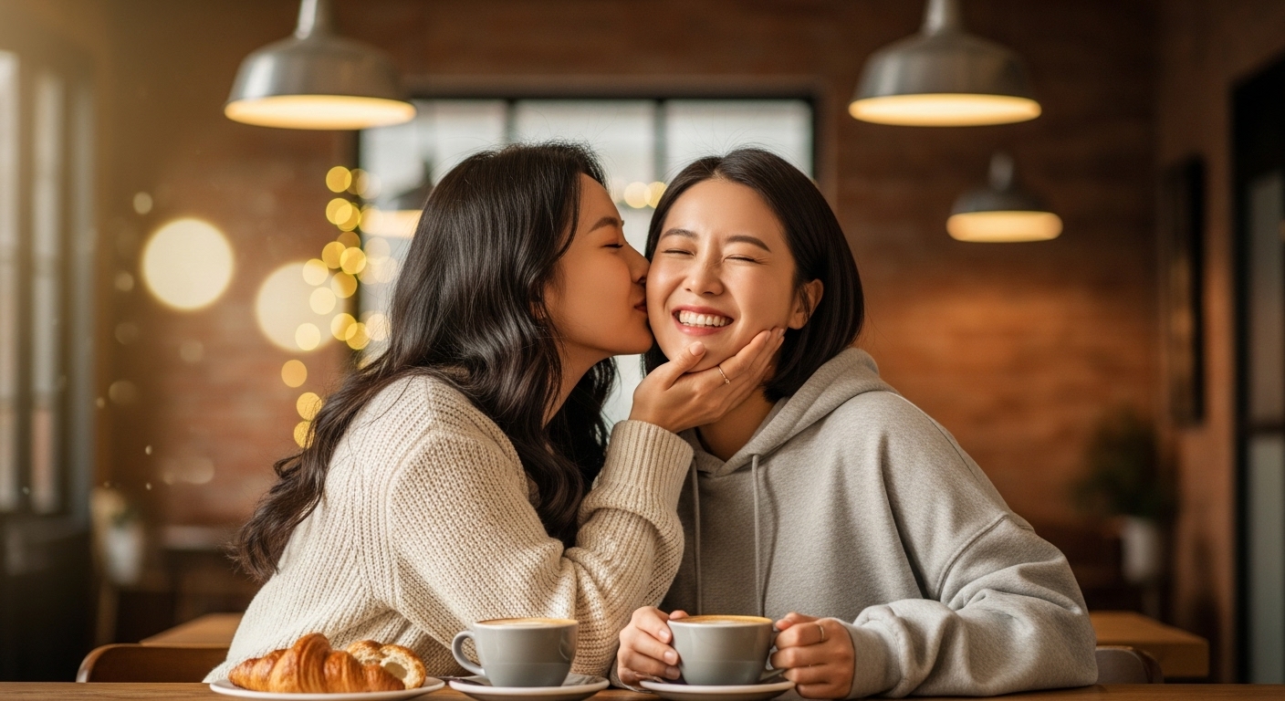아늑한 카페에서 볼에 가볍게 입맞춤을 나누는 친구들