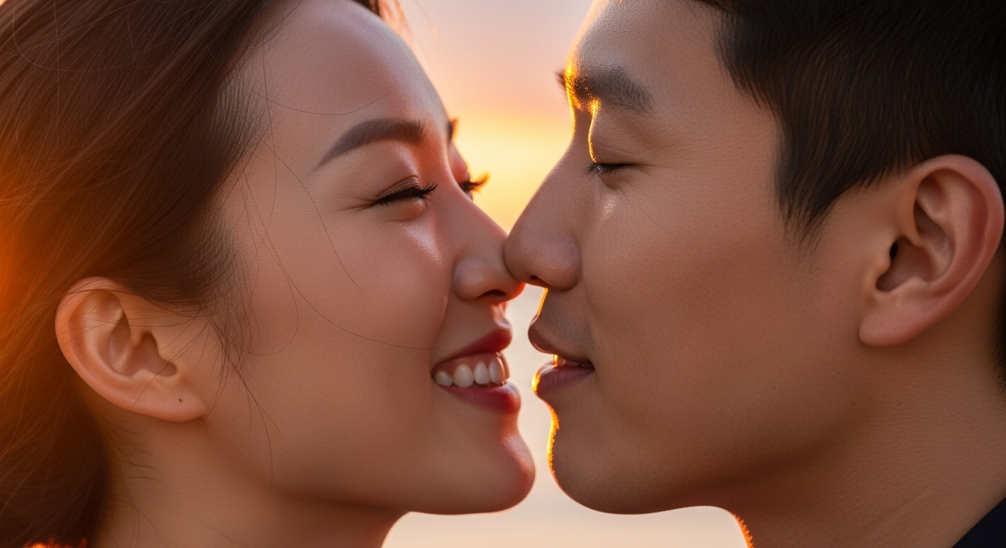 일몰 속에서 따뜻한 빛이 비추는 얼굴로 서로 키스를 나누며 웃고 있는 커플