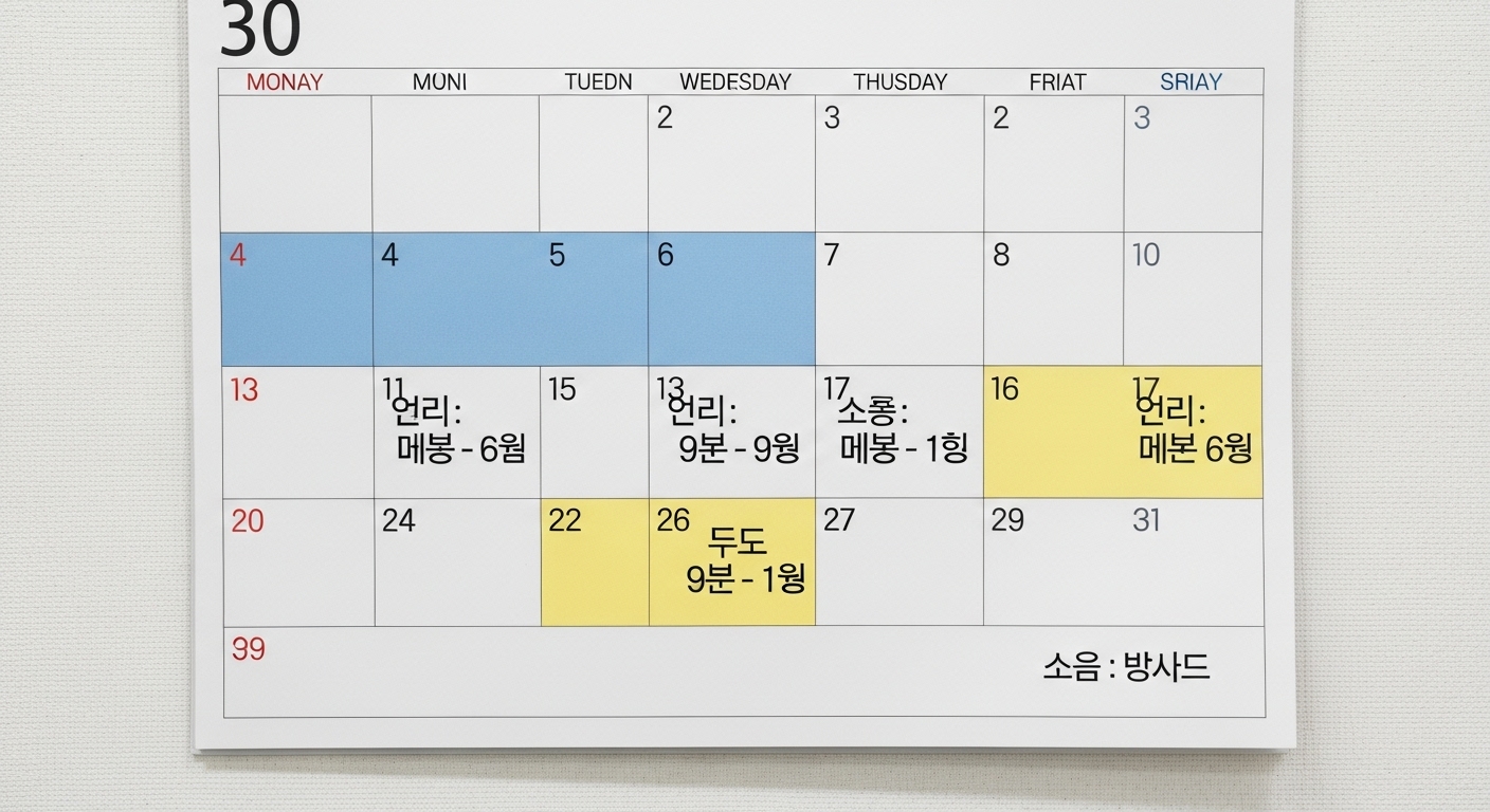 병원의 운영 시간을 표시하는 한국 달력