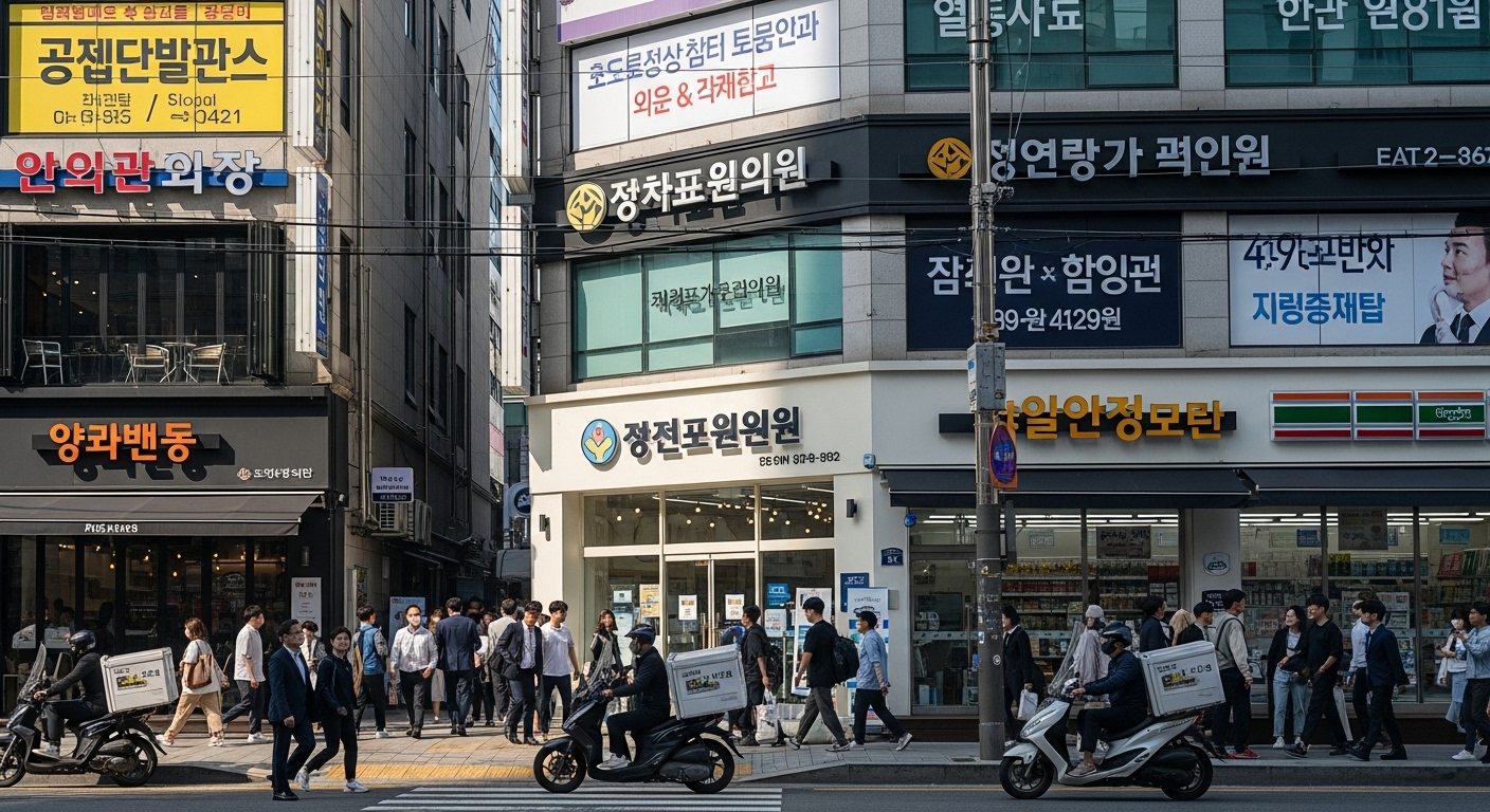 병원 근처 카페와 편의점이 있는 한국의 번화가 모습